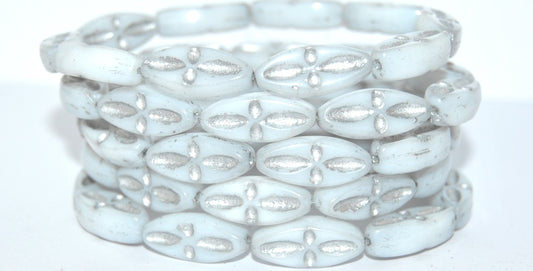 Boat Oval Pressed Glass Beads With Decor, White 54201 (2010 54201), Glass, Czech Republic