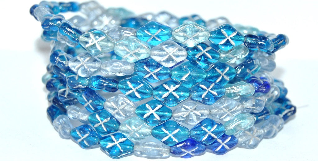 Rhombus Pressed Glass Beads, Mixed Colors Blue 54201 (Mix Blue 54201), Glass, Czech Republic