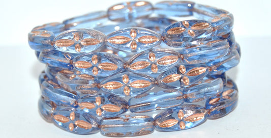Boat Oval Pressed Glass Beads With Decor, Transparent Blue 54200 (30030 54200), Glass, Czech Republic