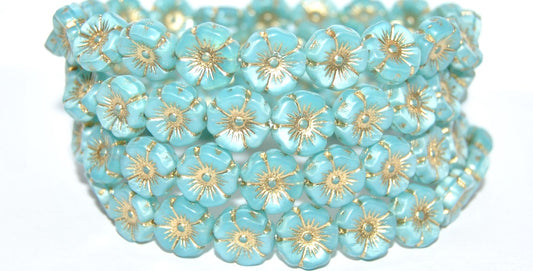 Hawaii Flower Pressed Glass Beads, Opal Aqua 54202 (61300 54202), Glass, Czech Republic