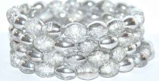 Olive Oval Pressed Glass Beads, Crystal Silver Half Coating Crackle (27001 Crackle), Glass, Czech Republic