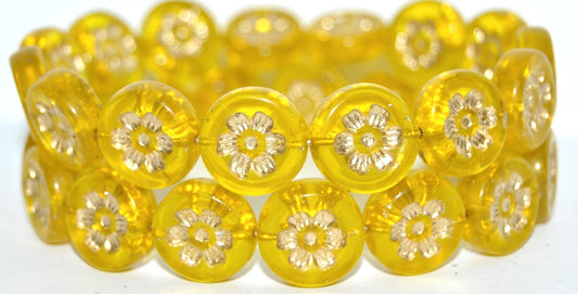Round Flat With 6-Petal Flower Pressed Glass Beads, Transparent Yellow 54202 (80020 54202), Glass, Czech Republic