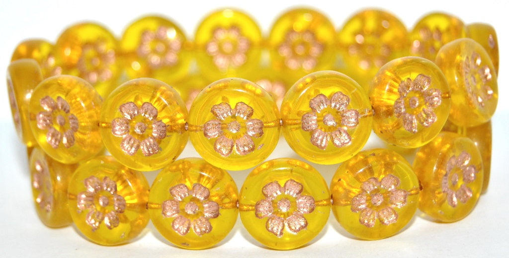 Round Flat With 6-Petal Flower Pressed Glass Beads, Transparent Yellow 54200 (80020 54200), Glass, Czech Republic