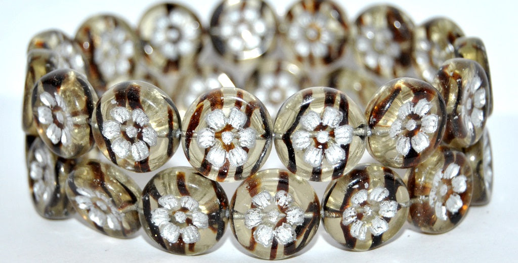Round Flat With 6-Petal Flower Pressed Glass Beads, (18016 54201), Glass, Czech Republic