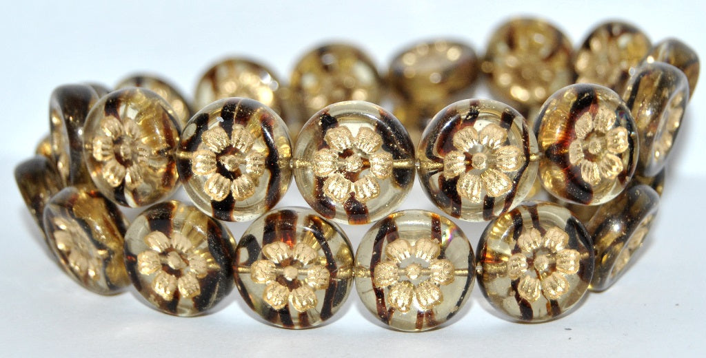 Round Flat With 6-Petal Flower Pressed Glass Beads, (18016 54202), Glass, Czech Republic