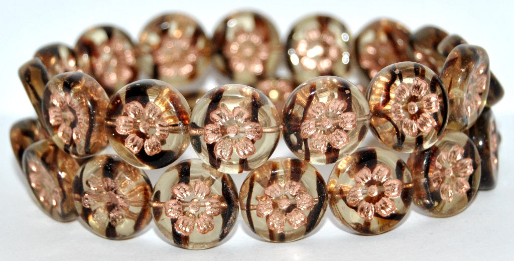 Round Flat With 6-Petal Flower Pressed Glass Beads, (18016 54200), Glass, Czech Republic