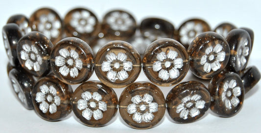 Round Flat With 6-Petal Flower Pressed Glass Beads, Transparent Brown 54201 (10220 54201), Glass, Czech Republic