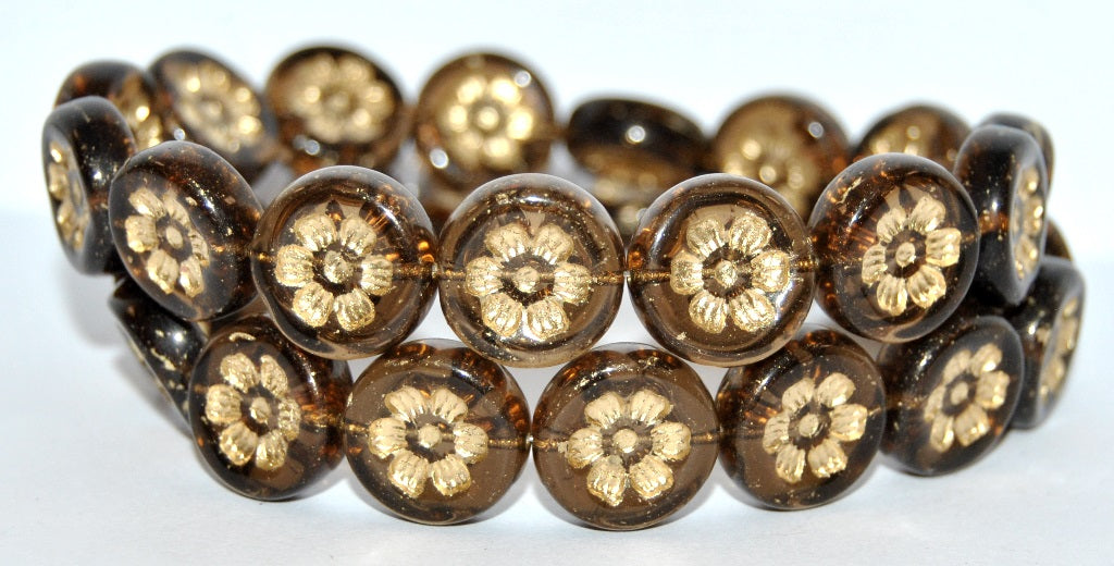 Round Flat With 6-Petal Flower Pressed Glass Beads, Transparent Brown 54202 (10220 54202), Glass, Czech Republic