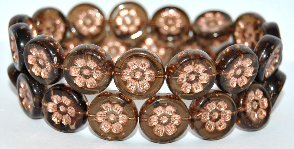 Round Flat With 6-Petal Flower Pressed Glass Beads, Transparent Brown 54200 (10220 54200), Glass, Czech Republic