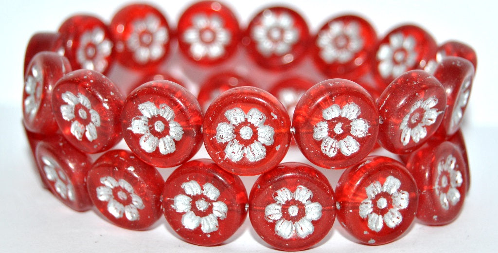 Round Flat With 6-Petal Flower Pressed Glass Beads, Ruby Red 54201 (90080 54201), Glass, Czech Republic