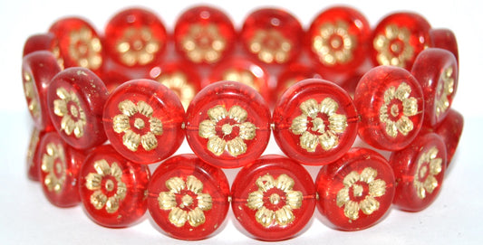 Round Flat With 6-Petal Flower Pressed Glass Beads, Ruby Red 54202 (90080 54202), Glass, Czech Republic