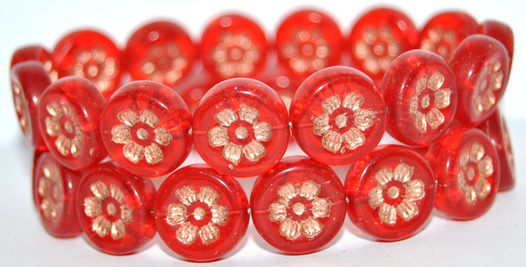 Round Flat With 6-Petal Flower Pressed Glass Beads, Ruby Red 54200 (90080 54200), Glass, Czech Republic