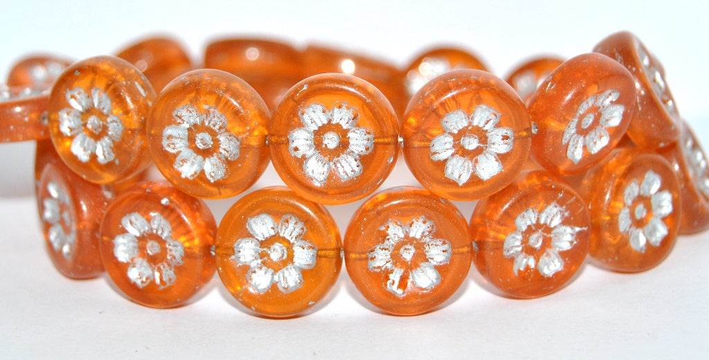 Round Flat With 6-Petal Flower Pressed Glass Beads, Transparent Orange 54201 (90040 54201), Glass, Czech Republic