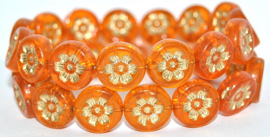 Round Flat With 6-Petal Flower Pressed Glass Beads, Transparent Orange 54202 (90040 54202), Glass, Czech Republic