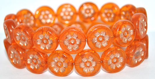 Round Flat With 6-Petal Flower Pressed Glass Beads, Transparent Orange 54200 (90040 54200), Glass, Czech Republic