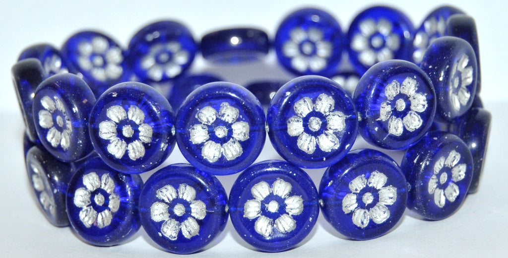 Round Flat With 6-Petal Flower Pressed Glass Beads, Transparent Blue 54201 (30080 54201), Glass, Czech Republic