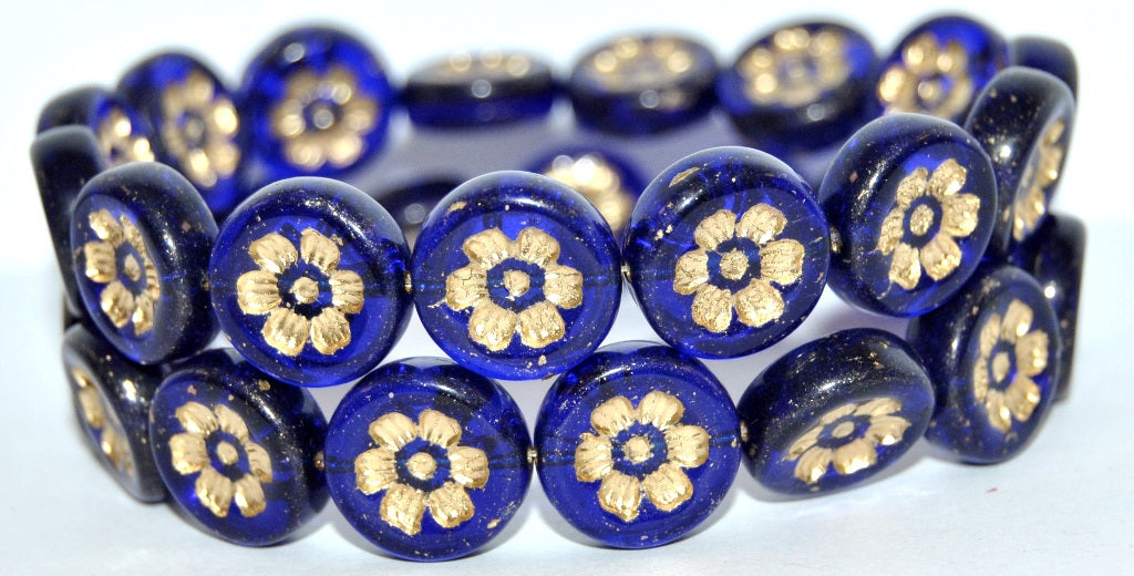 Round Flat With 6-Petal Flower Pressed Glass Beads, Transparent Blue 54202 (30080 54202), Glass, Czech Republic