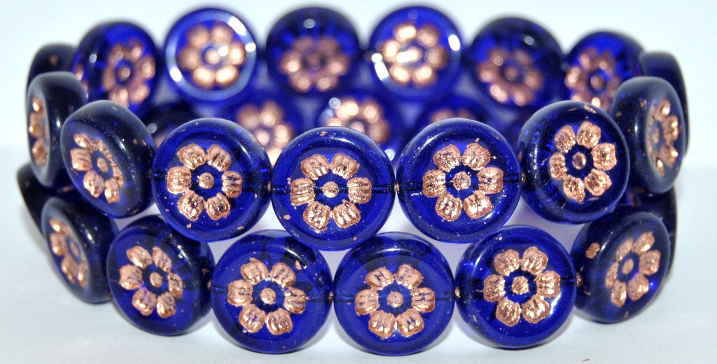 Round Flat With 6-Petal Flower Pressed Glass Beads, Transparent Blue 54200 (30080 54200), Glass, Czech Republic