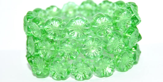 Hawaii Flower Pressed Glass Beads, Transparent Green 43813 Metalic (50800-43813-METALIC), Glass, Czech Republic