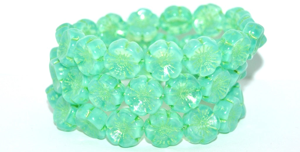 Hawaii Flower Pressed Glass Beads, Opal Aqua Uranium 43813 Metalic (61100-URANIUM-43813-METALIC), Glass, Czech Republic