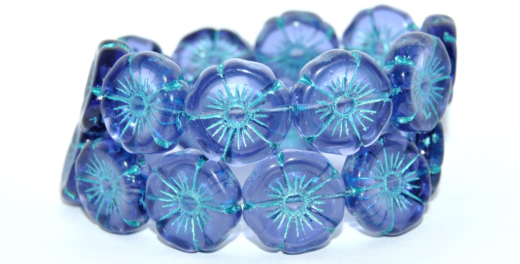 Hawaii Flower Pressed Glass Beads, Transparent Light Amethyst Light Blue Lined Metalic (20310-43811-METALIC), Glass, Czech Republic