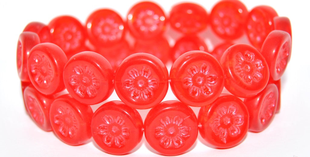 Round Flat With 6-Petal Flower Pressed Glass Beads, Transparent Red Red Lined Metalic (90060-43808-METALIC), Glass, Czech Republic