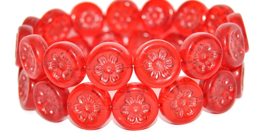 Round Flat With 6-Petal Flower Pressed Glass Beads, Transparent Red Copper Lined Metalic (90060-43806-METALIC), Glass, Czech Republic