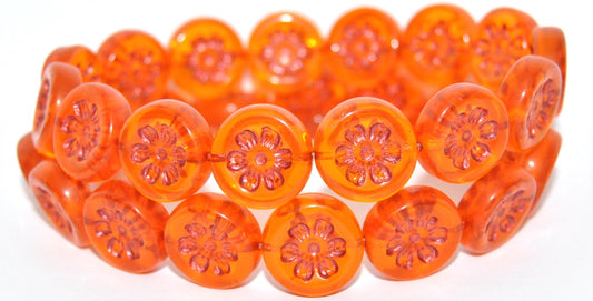 Round Flat With 6-Petal Flower Pressed Glass Beads, Transparent Orange Copper Lined Metalic (90020-43806-METALIC), Glass, Czech Republic