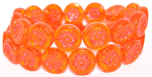 Round Flat With 6-Petal Flower Pressed Glass Beads, Transparent Orange Red Lined Metalic (90020-43808-METALIC), Glass, Czech Republic