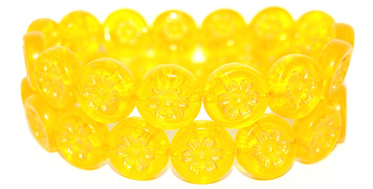 Round Flat With 6-Petal Flower Pressed Glass Beads, Transparent Yellow Glod Lined Metalic (80020-43804-METALIC), Glass, Czech Republic