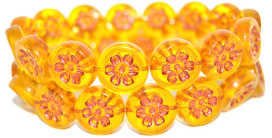 Round Flat With 6-Petal Flower Pressed Glass Beads, Transparent Yellow Copper Lined Metalic (80020-43806-METALIC), Glass, Czech Republic