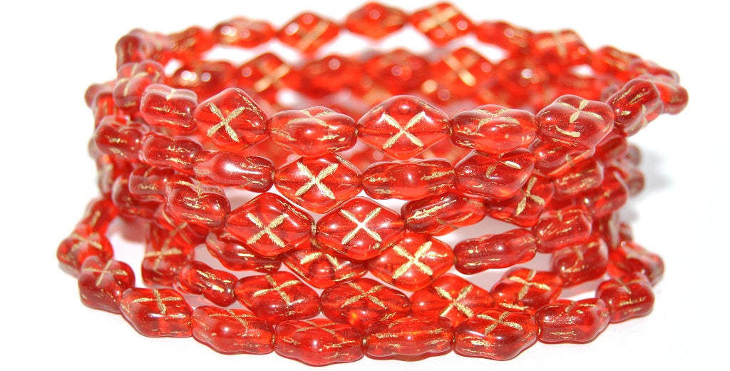 Rhombus Pressed Glass Beads, Transparent Red Gold Lined (90060-54202), Glass, Czech Republic