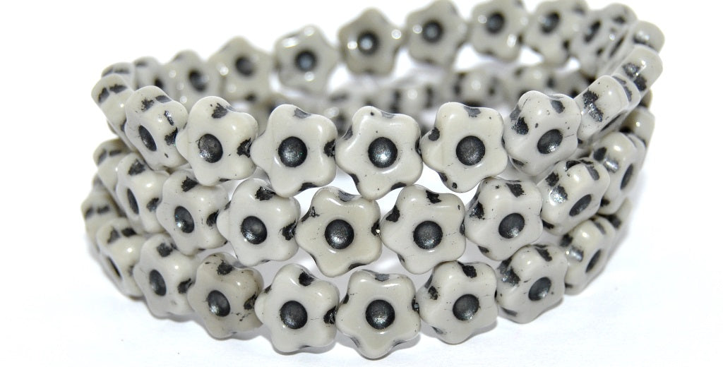 Simple Flower Pressed Glass Beads, Opaque Gray 43815 Metalic (43020-43815-METALIC), Glass, Czech Republic