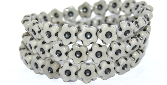 Simple Flower Pressed Glass Beads, Opaque Gray 43815 Metalic (43020-43815-METALIC), Glass, Czech Republic