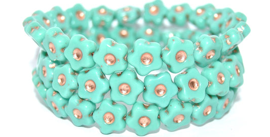 Simple Flower Pressed Glass Beads, Turquise Copper Lined (63140-54200), Glass, Czech Republic