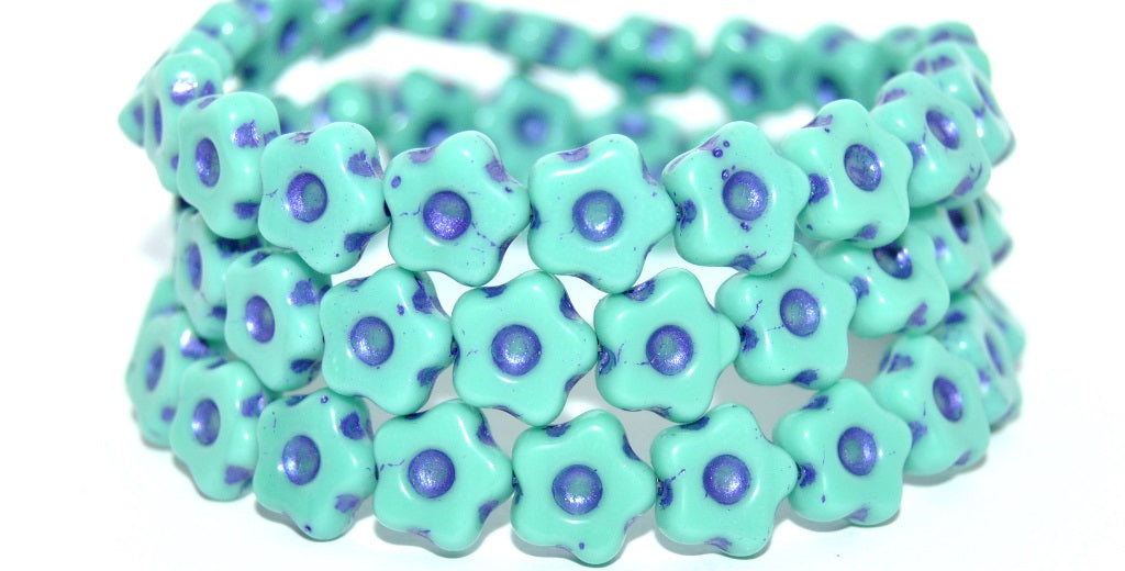 Simple Flower Pressed Glass Beads, Turquise 43810 Metalic (63140-43810-METALIC), Glass, Czech Republic