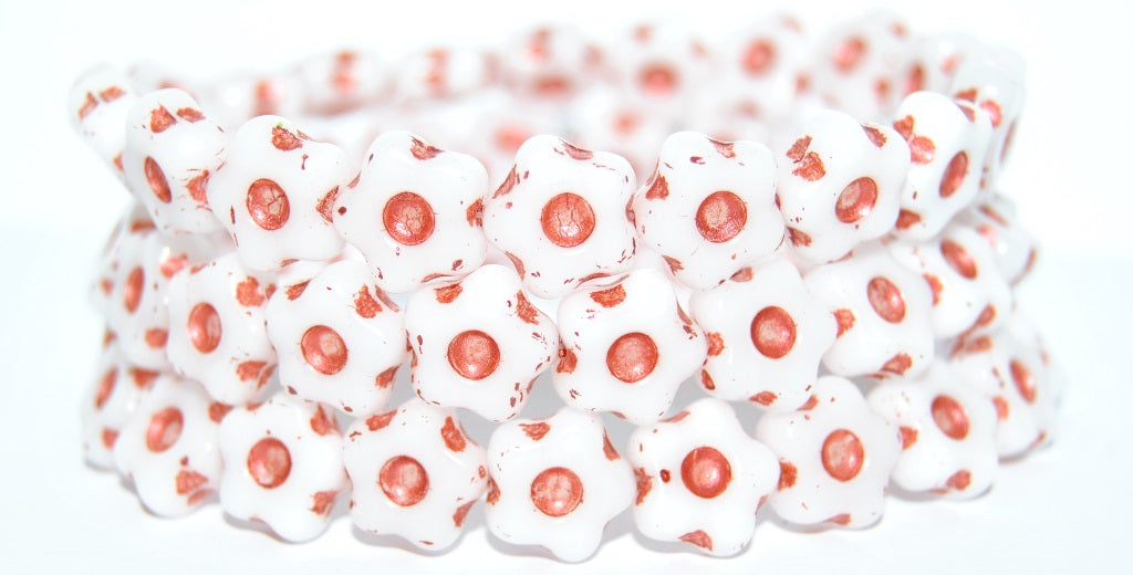 Simple Flower Pressed Glass Beads, White Copper Lined Metalic (02010-43806-METALIC), Glass, Czech Republic