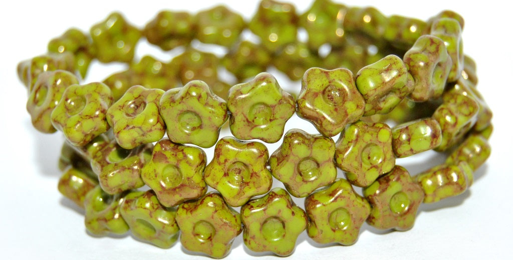 Simple Flower Pressed Glass Beads, Opaque Green Terracotta Red (53400-15495), Glass, Czech Republic