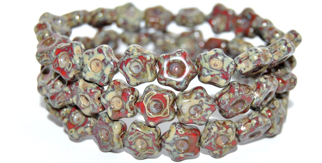 Simple Flower Pressed Glass Beads, Opaque Red Travertin (93200-86800), Glass, Czech Republic