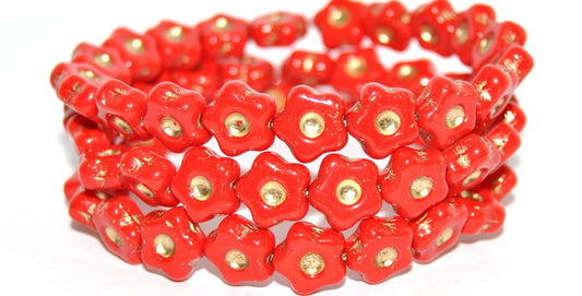 Simple Flower Pressed Glass Beads, Opaque Red Gold Lined (93200-54202), Glass, Czech Republic