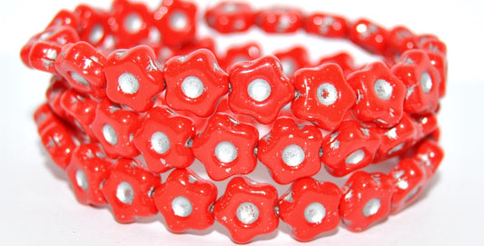 Simple Flower Pressed Glass Beads, Opaque Red Silver Lined (93200-54201), Glass, Czech Republic