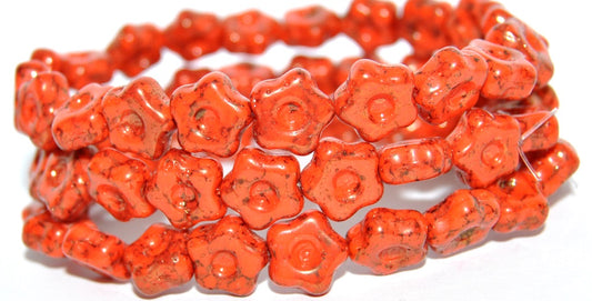 Simple Flower Pressed Glass Beads, Deep Orange  Terracotta Red (93140-15495), Glass, Czech Republic