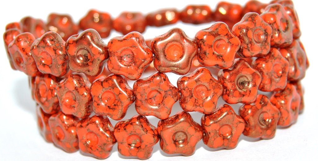 Simple Flower Pressed Glass Beads, Deep Orange  15415 (93140-15415), Glass, Czech Republic