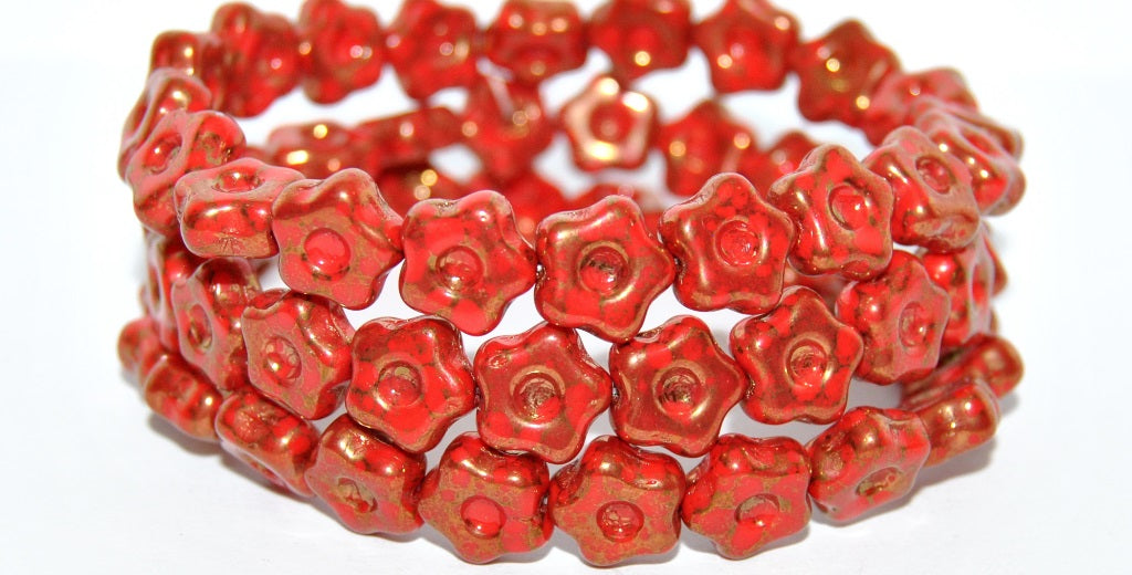 Simple Flower Pressed Glass Beads, Opaque Red Terracotta Violet (93200-15496), Glass, Czech Republic