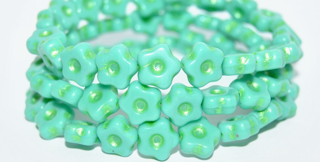 Simple Flower Pressed Glass Beads, Turquoise Blue 43813 Metalic (63030-43813-METALIC), Glass, Czech Republic