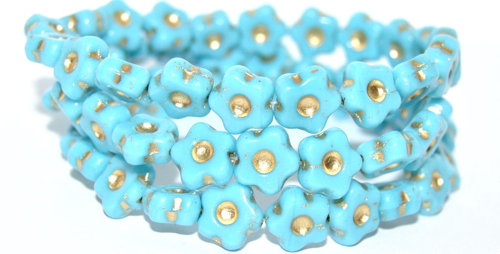 Simple Flower Pressed Glass Beads, Turquoise Blue Gold Lined (63030-54202), Glass, Czech Republic