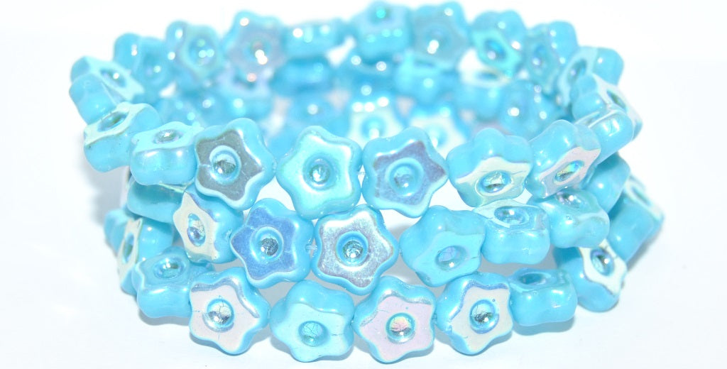 Simple Flower Pressed Glass Beads, Turquoise Blue Ab 2Xside (63030-AB-2XSIDE), Glass, Czech Republic