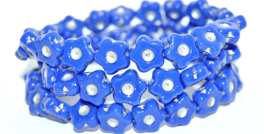 Simple Flower Pressed Glass Beads, Rich Blue Silver Lined (33060-54201), Glass, Czech Republic