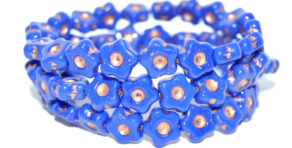 Simple Flower Pressed Glass Beads, Rich Blue Copper Lined (33060-54200), Glass, Czech Republic