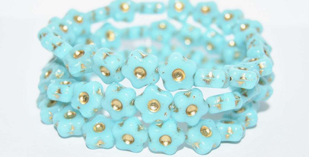 Simple Flower Pressed Glass Beads, Opal Aqua Gold Lined (61300-54202), Glass, Czech Republic